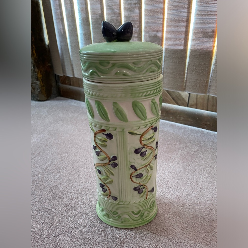 Vintage Ceramic Spaghetti Pasta Canister Storage Jar Olive Leaves 13" w Lid 🫒 🍝